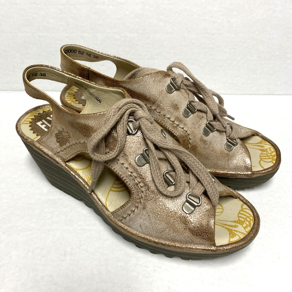 Fly London YLFA Luna Wedge Sandal Metallic Blush Pink Tinted Tan Gold 38… - Picture 2 of 8